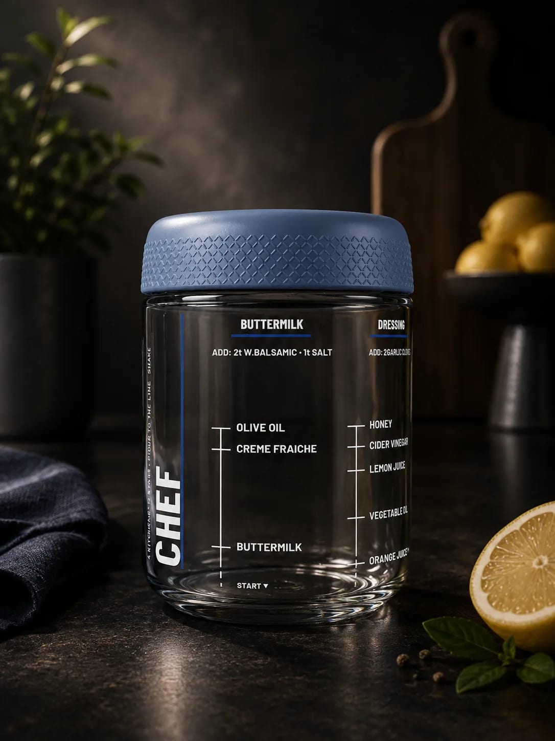 The 16 oz PantryFlex jar with a blue lid and a printed buttermilk dressing column